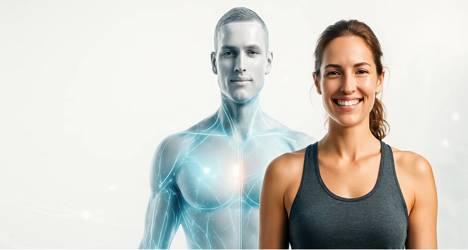 Persoană activă alături de o siluetă anatomică luminoasă — GoFitness